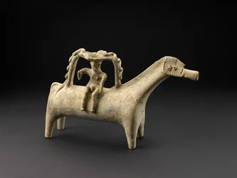 Rhyton en forme de cheval en terre cuite avec cavalier comme partie de la poignée à l